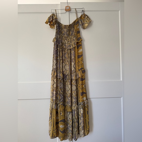 Earthbound Trading Co Dresses & Skirts - Yellow Paisley Off Shoulder Boho Maxi Dress sz M Festival Indie Airy Celestial